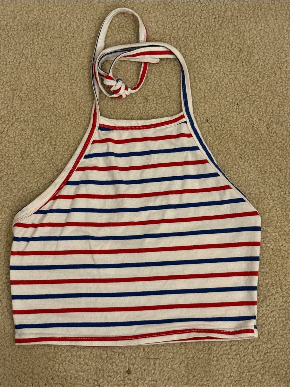 SHEIN White Halter Crop Top with Red & Blue Stripes